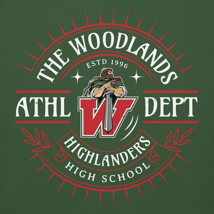 Close-up view of The Woodlands High School Highlanders Forest Green Premium Unisex Hoodie 201