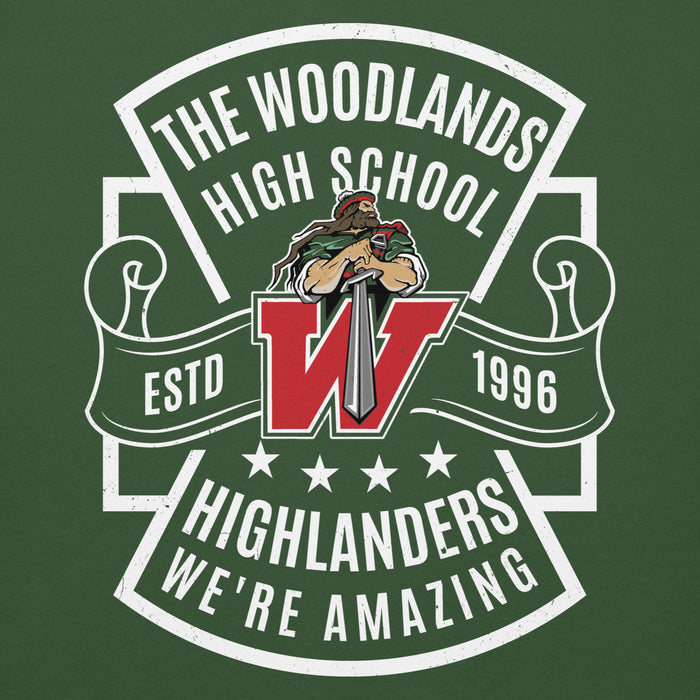 Close-up view of The Woodlands High School Highlanders Forest Green Premium Unisex Hoodie 207