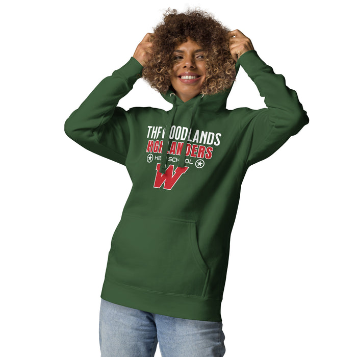 Woman wearing The Woodlands High School Highlanders Forest Green Premium Unisex Hoodie 003