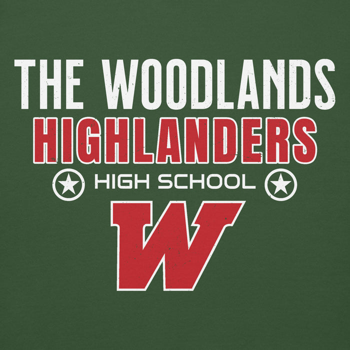 Close-up view of The Woodlands High School Highlanders Forest Green Premium Unisex Hoodie 003