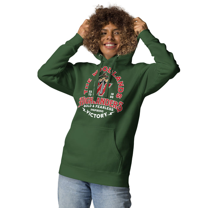 Woman wearing The Woodlands High School Highlanders Forest Green Premium Unisex Hoodie 206