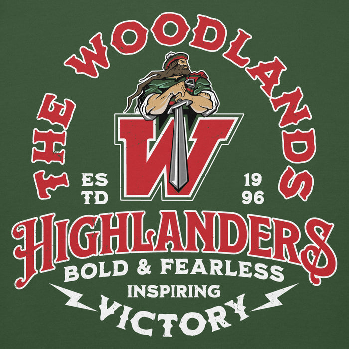 Close-up view of The Woodlands High School Highlanders Forest Green Premium Unisex Hoodie 206