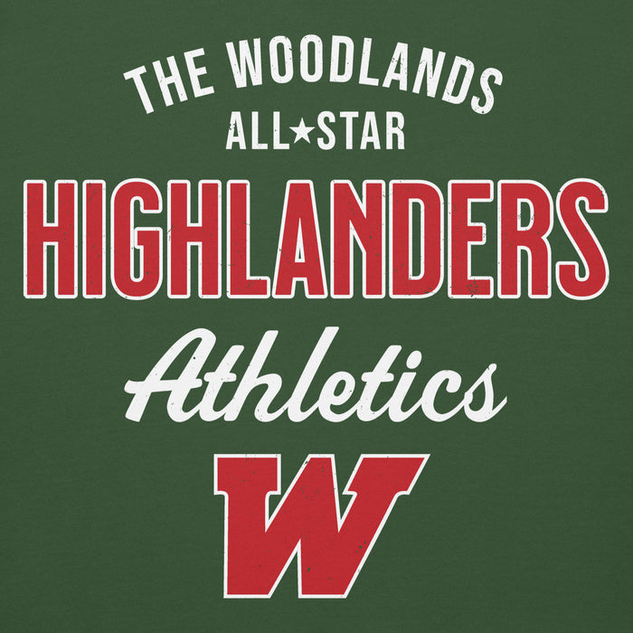 Close-up view of The Woodlands High School Highlanders Forest Green Premium Unisex Hoodie 034