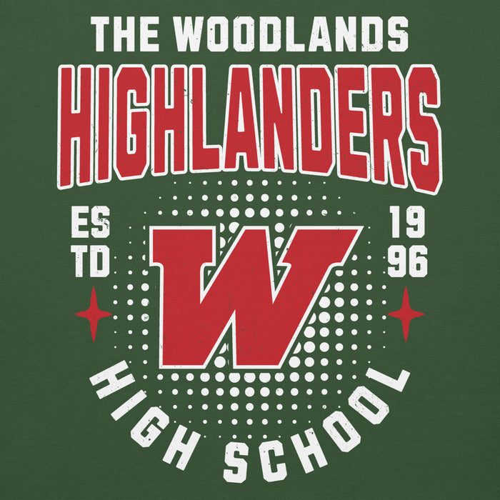 Close-up view of The Woodlands High School Highlanders Forest Green Premium Unisex Hoodie 204