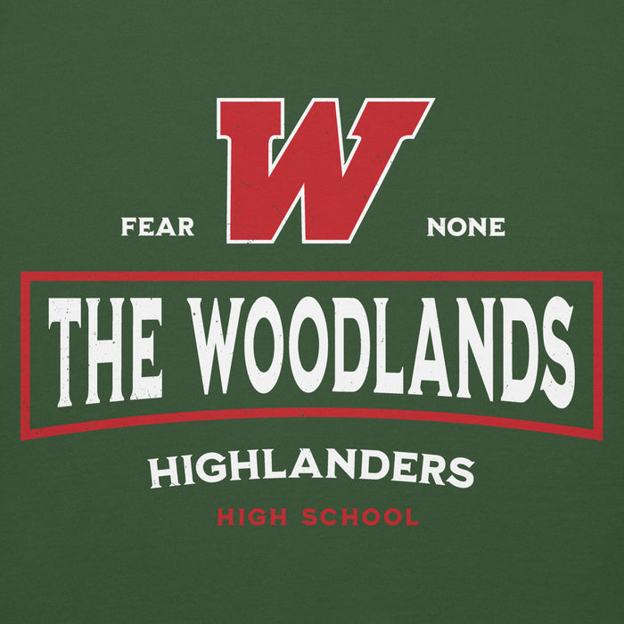 Close-up view of The Woodlands High School Highlanders Forest Green Premium Unisex Hoodie 202