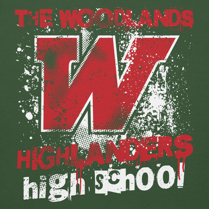 Close-up view of The Woodlands High School Highlanders Forest Green Premium Unisex Hoodie 205