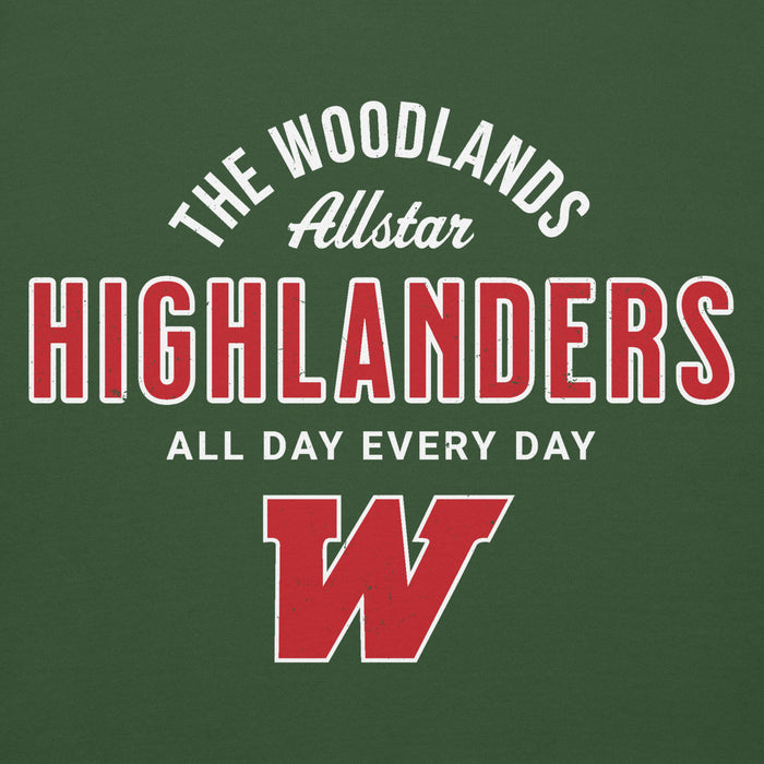 Close-up view of The Woodlands High School Highlanders Forest Green Premium Unisex Hoodie 040