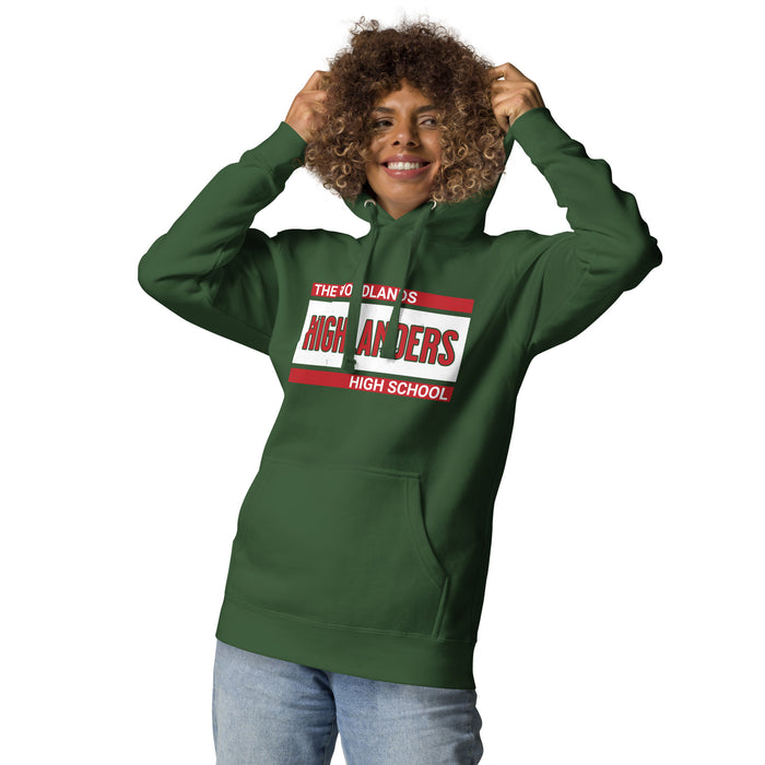 Woman wearing The Woodlands High School Highlanders Forest Green Premium Unisex Hoodie 098