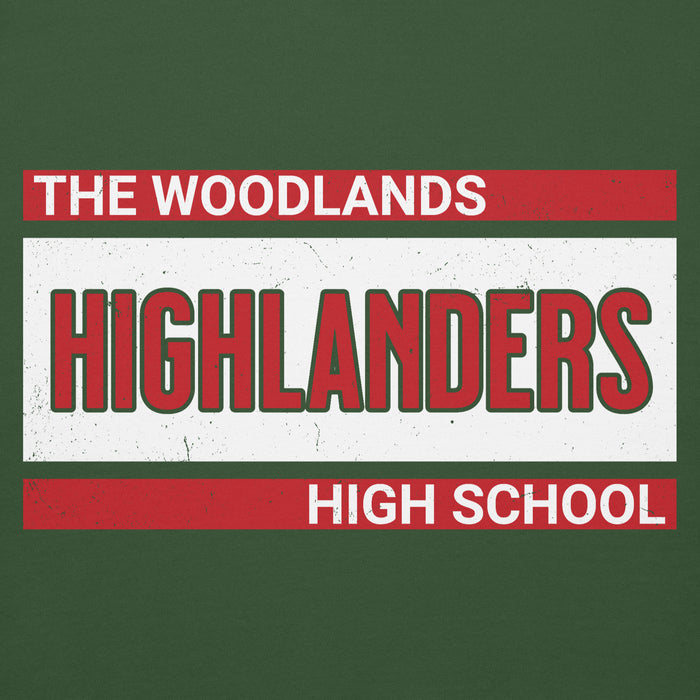 Close-up view of The Woodlands High School Highlanders Forest Green Premium Unisex Hoodie 098