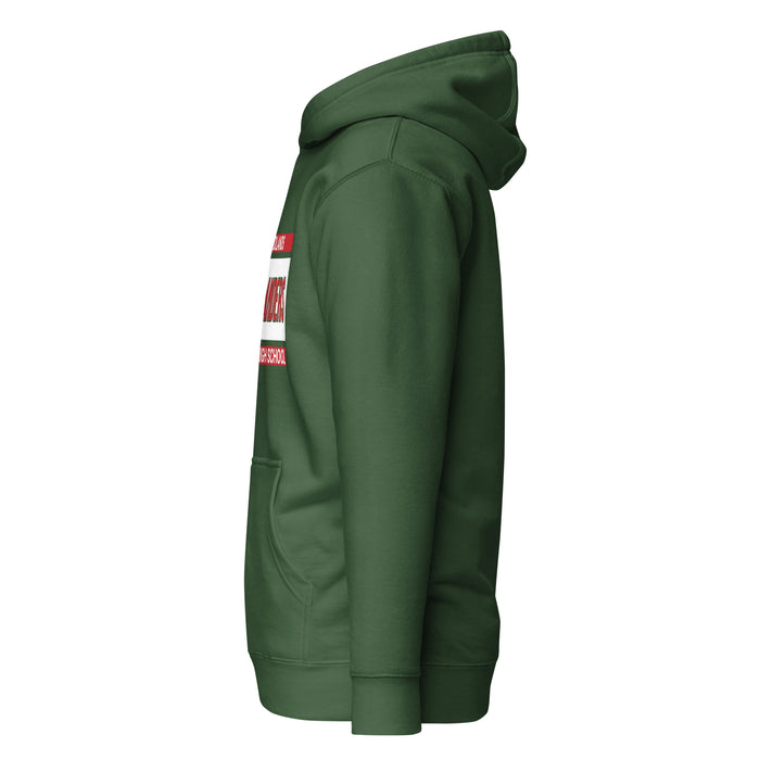 Side view of The Woodlands High School Highlanders Forest Green Premium Unisex Hoodie 098