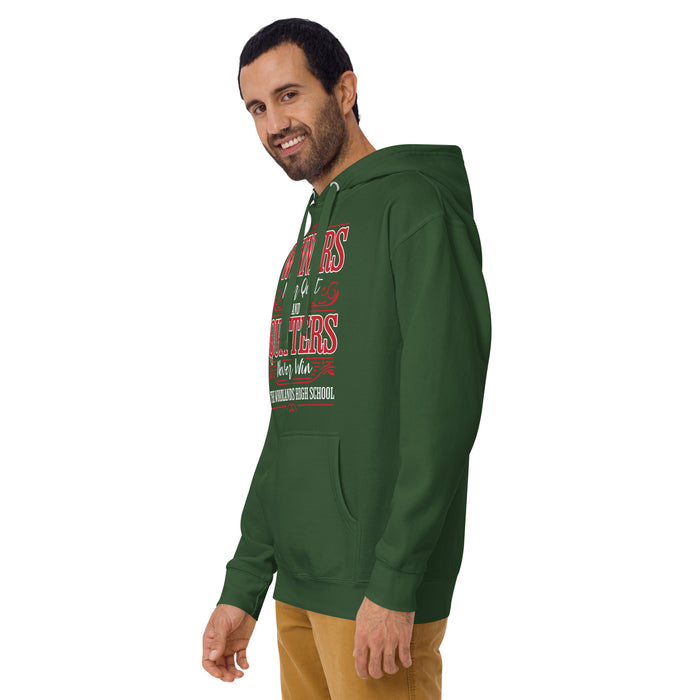 Man wearing The Woodlands High School Highlanders Forest Green Premium Unisex Hoodie 231