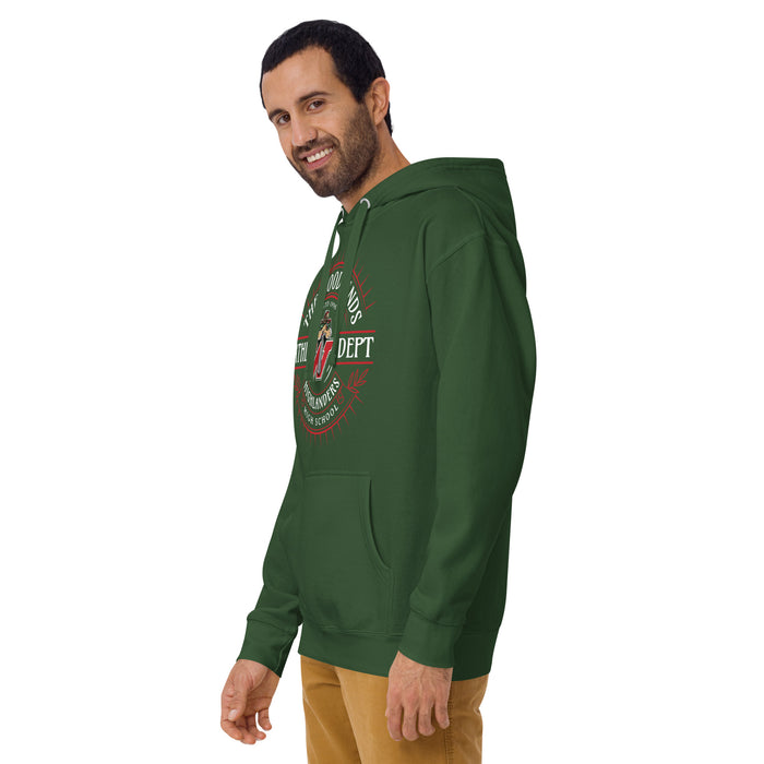 Man wearing The Woodlands High School Highlanders Forest Green Premium Unisex Hoodie 201