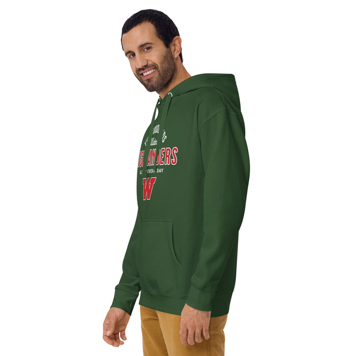 Man wearing The Woodlands High School Highlanders Forest Green Premium Unisex Hoodie 040