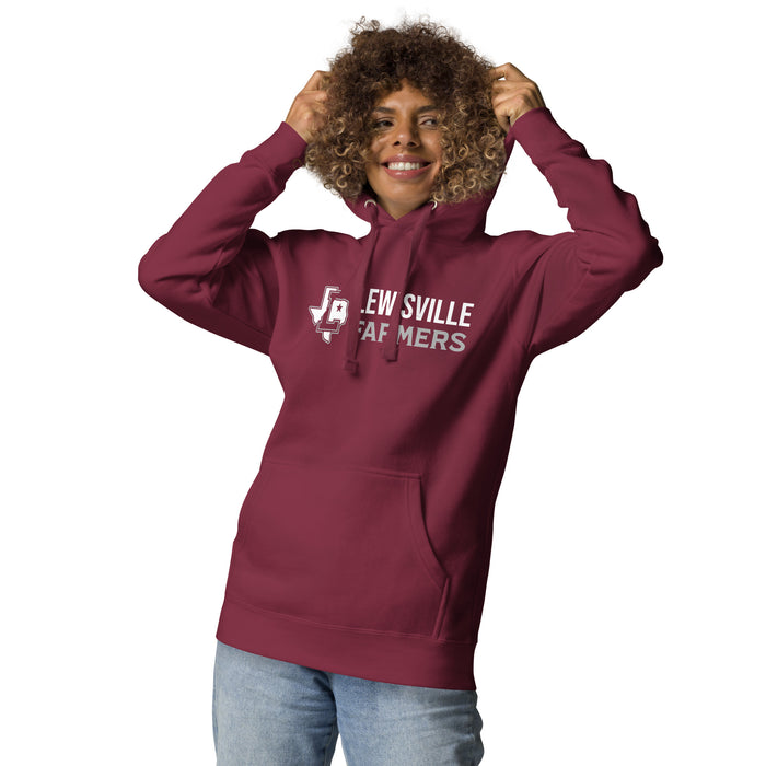 Woman wearing Lewisville High School Farmers Maroon Premium Unisex Hoodie 200