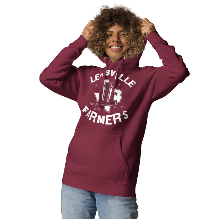 Woman wearing Lewisville High School Farmers Maroon Premium Unisex Hoodie 228