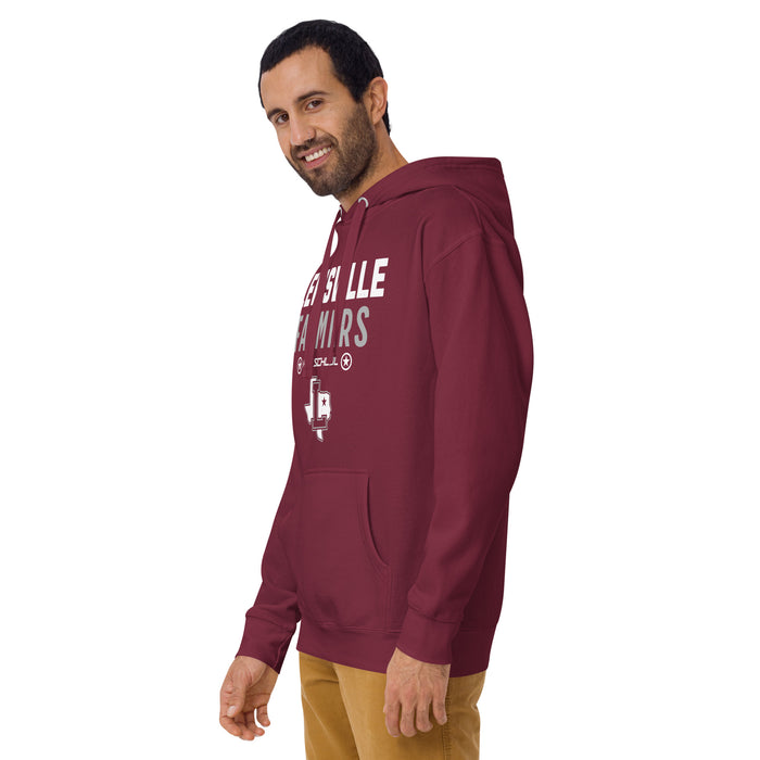 Man wearing Lewisville High School Farmers Maroon Premium Unisex Hoodie 003