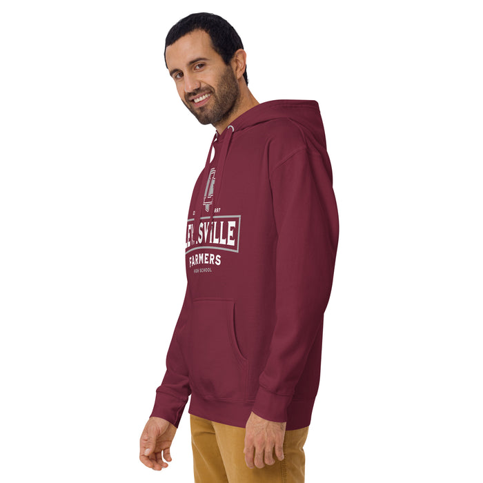 Man wearing Lewisville High School Farmers Maroon Premium Unisex Hoodie 202
