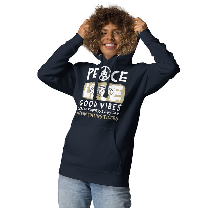 Woman wearing Klein Collins High School Tigers Navy Blue Premium Unisex Hoodie 240