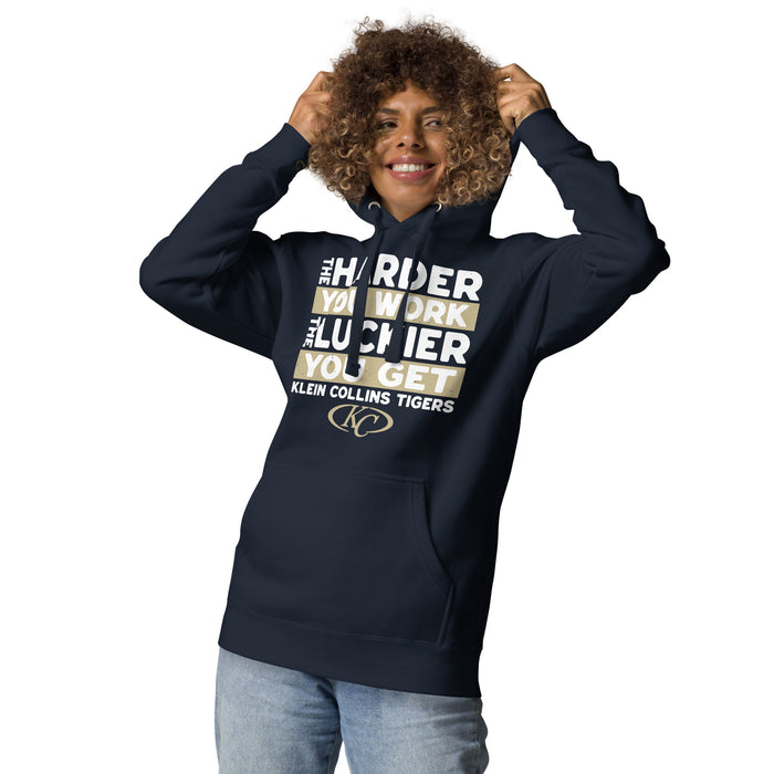 Woman wearing Klein Collins High School Tigers Navy Blue Premium Unisex Hoodie 238
