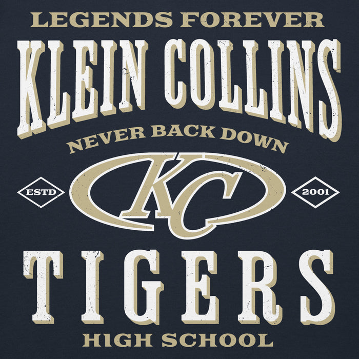 Close-up view of Klein Collins High School Tigers Navy Blue Premium Unisex Hoodie 230