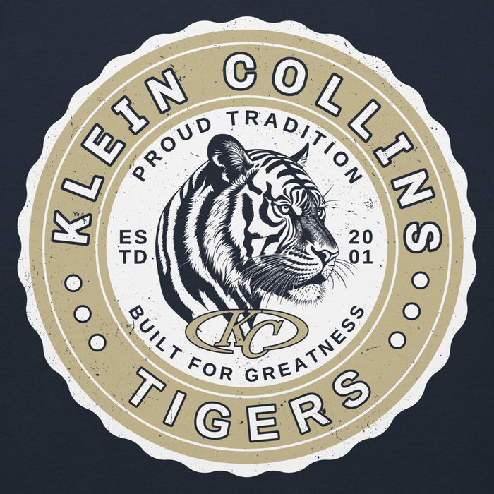 Close-up view of Klein Collins High School Tigers Navy Blue Premium Unisex Hoodie 216
