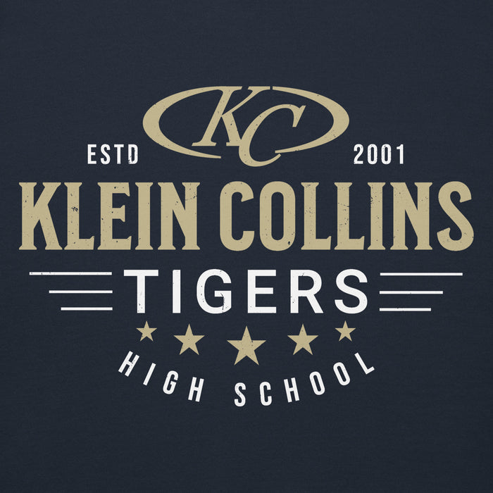 Close-up view of Klein Collins High School Tigers Navy Blue Premium Unisex Hoodie 217
