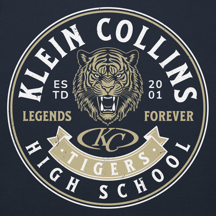 Close-up view of Klein Collins High School Tigers Navy Blue Premium Unisex Hoodie 215