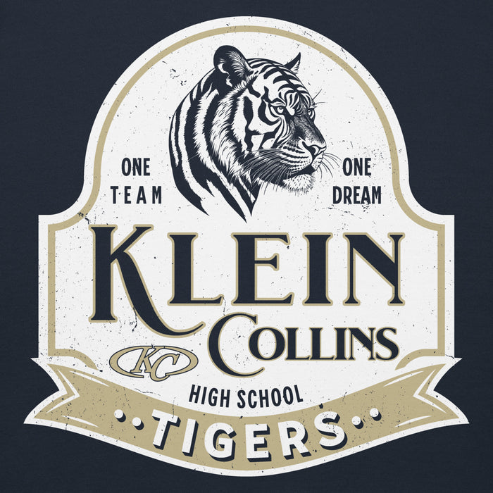 Close-up view of Klein Collins High School Tigers Navy Blue Premium Unisex Hoodie 219