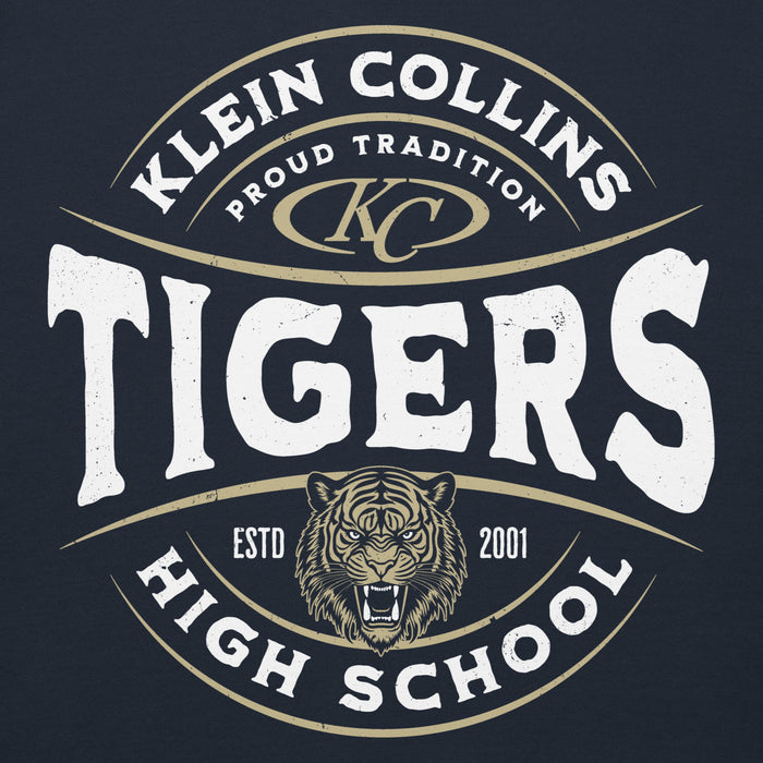 Close-up view of Klein Collins High School Tigers Navy Blue Premium Unisex Hoodie 218