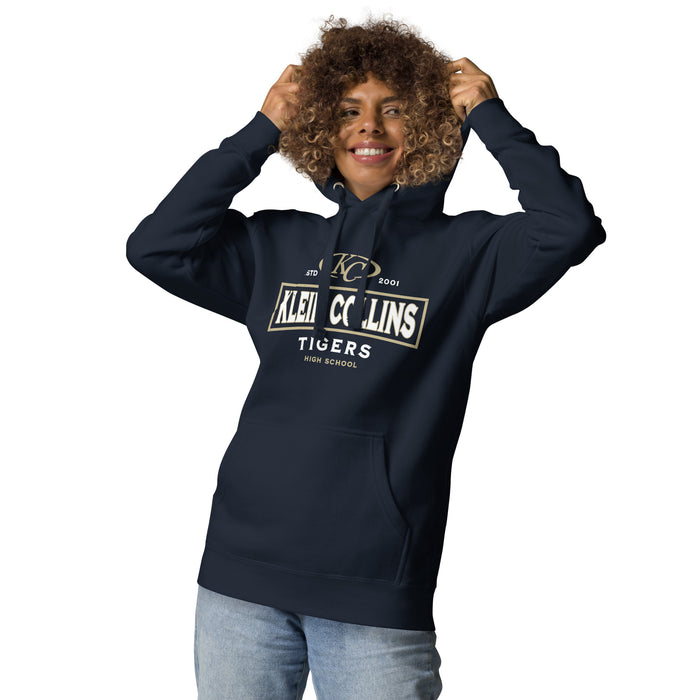 Woman wearing Klein Collins High School Tigers Navy Blue Premium Unisex Hoodie 202