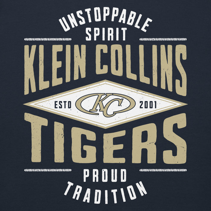 Close-up view of Klein Collins High School Tigers Navy Blue Premium Unisex Hoodie 210