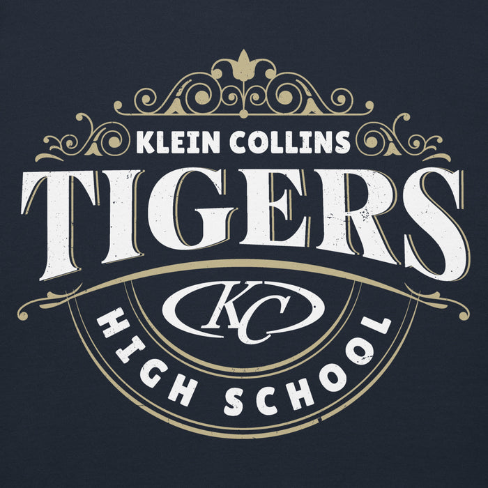 Close-up view of Klein Collins High School Tigers Navy Blue Premium Unisex Hoodie 211