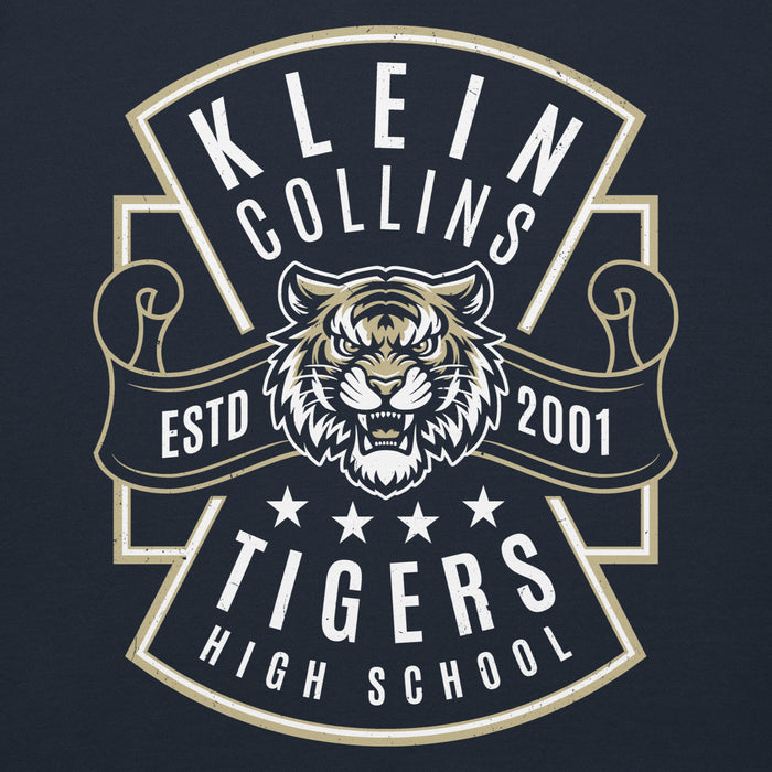 Close-up view of Klein Collins High School Tigers Navy Blue Premium Unisex Hoodie 207