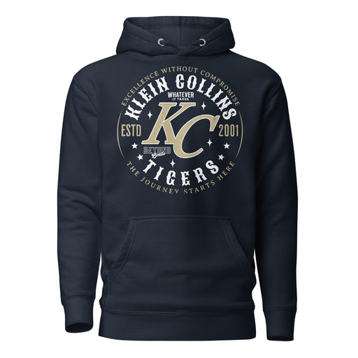 Close-up view of Klein Collins High School Tigers Navy Blue Premium Unisex Hoodie 214