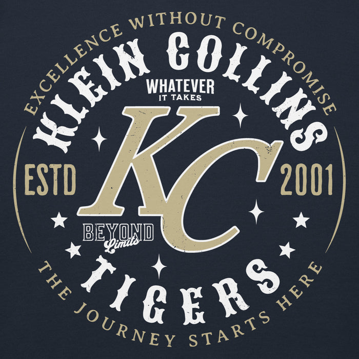 Close-up view of Klein Collins High School Tigers Navy Blue Premium Unisex Hoodie 214