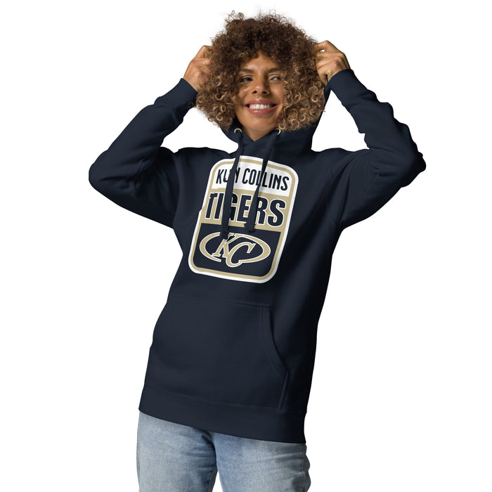 Woman wearing Klein Collins High School Tigers Navy Blue Premium Unisex Hoodie 001