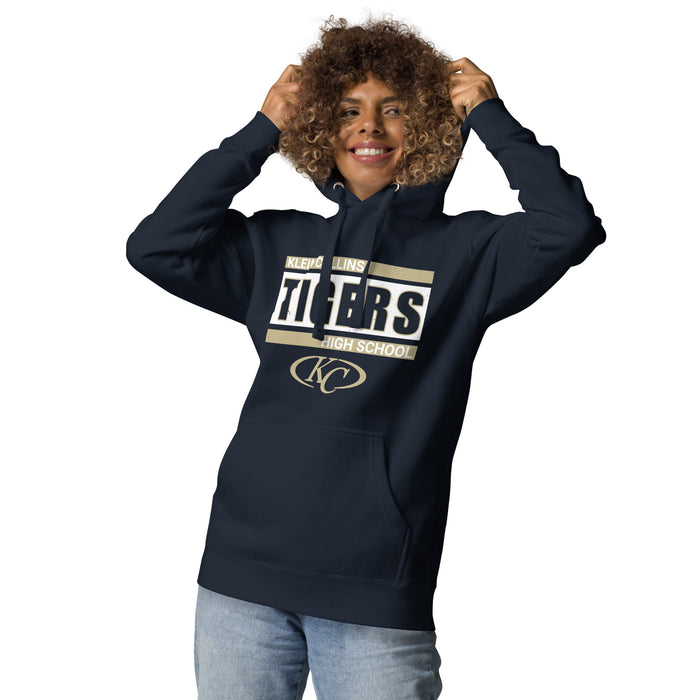 Woman wearing Klein Collins High School Tigers Navy Blue Premium Unisex Hoodie 098