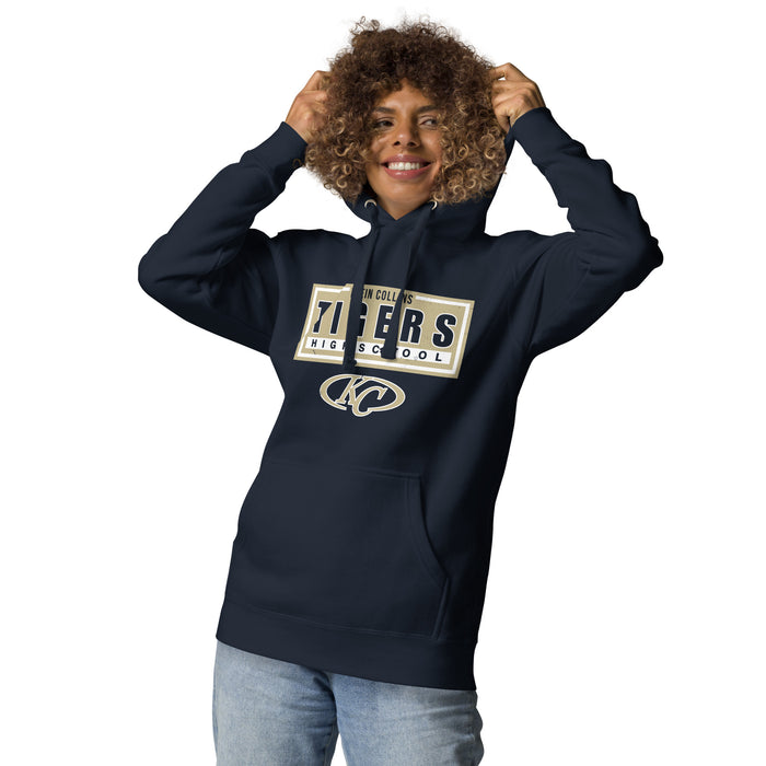 Woman wearing Klein Collins High School Tigers Navy Blue Premium Unisex Hoodie 049