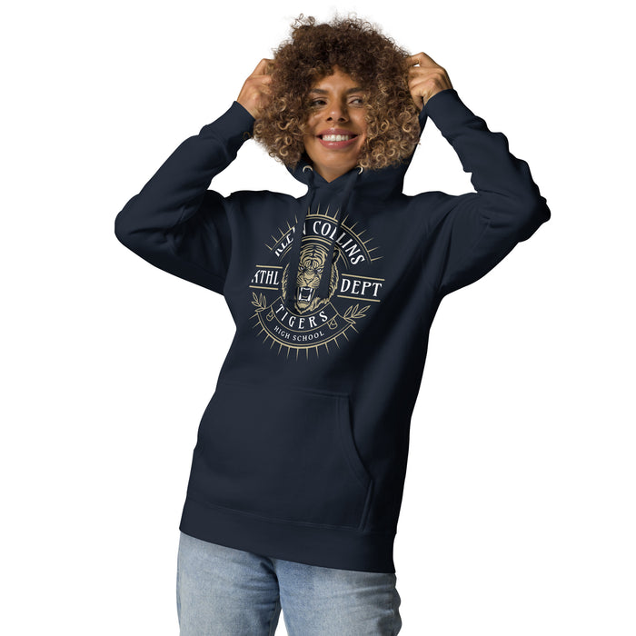 Woman wearing Klein Collins High School Tigers Navy Blue Premium Unisex Hoodie 201
