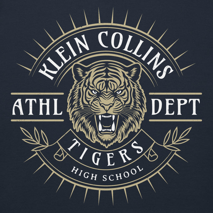 Close-up view of Klein Collins High School Tigers Navy Blue Premium Unisex Hoodie 201