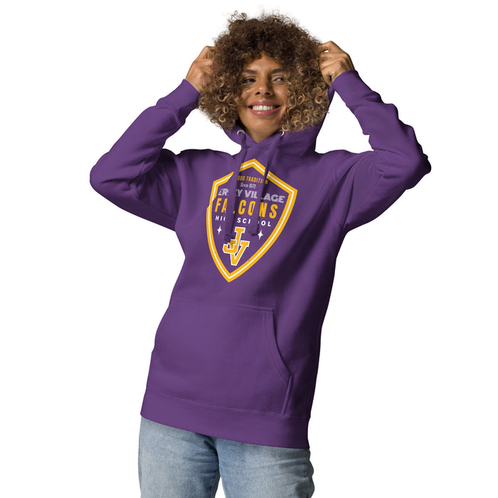 Woman wearing Jersey Village High School Falcons Premium Purple Hoodie 225
