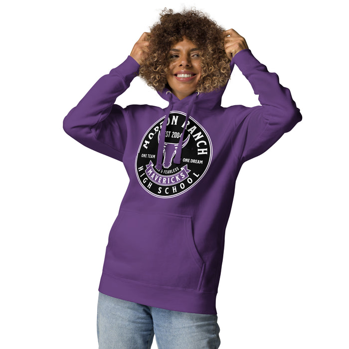 Woman wearing Morton Ranch High School Mavericks Premium Purple Unisex Hoodie 215