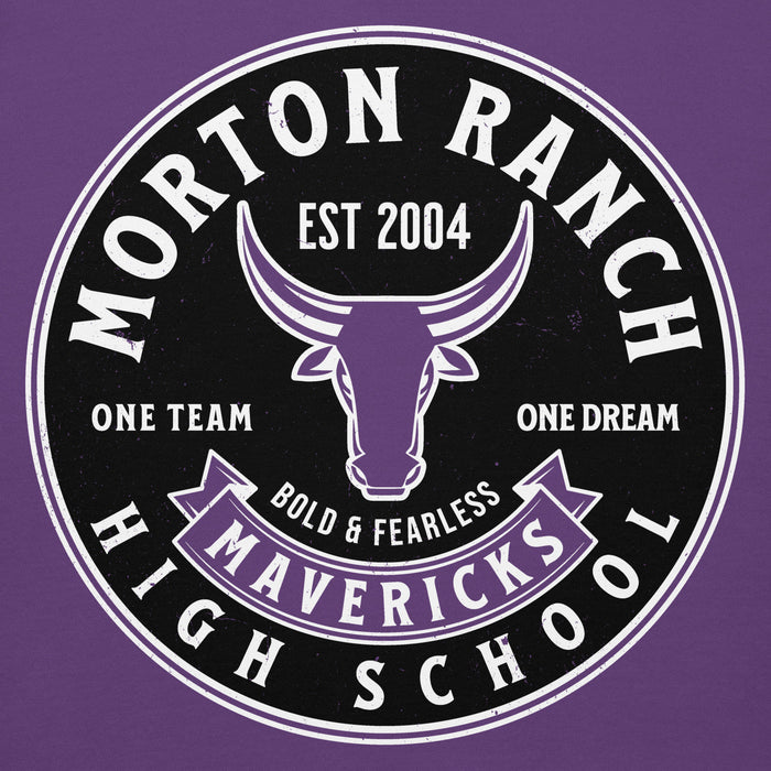 Close-up view of Morton Ranch High School Mavericks Premium Purple Unisex Hoodie 215