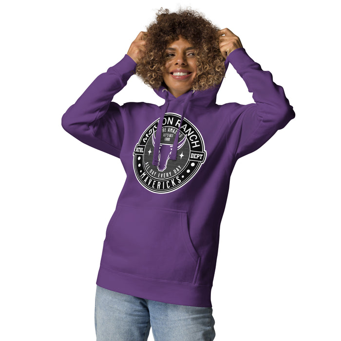 Woman wearing Morton Ranch High School Mavericks Premium Purple Unisex Hoodie 224