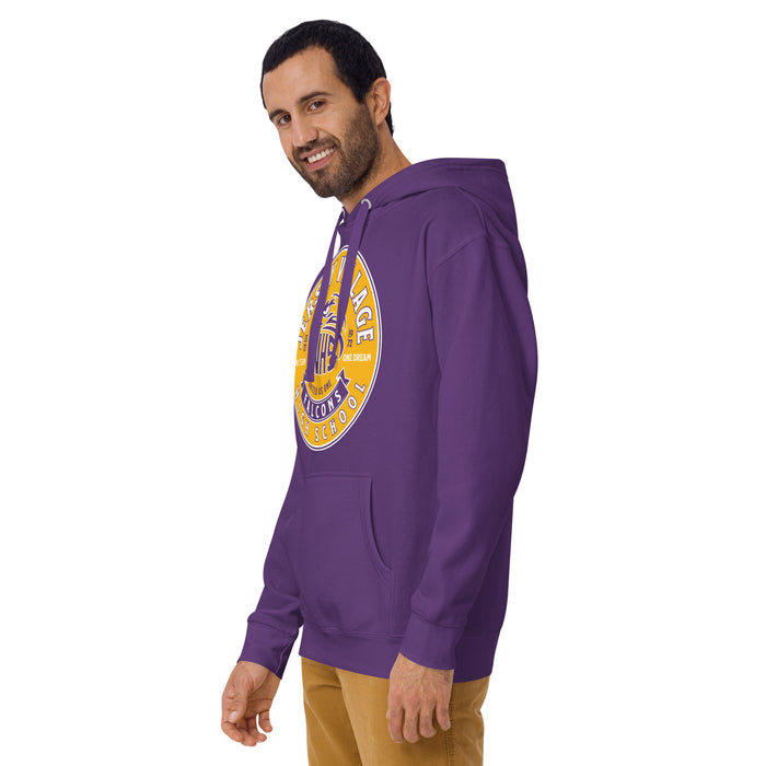 Man wearing Jersey Village High School Falcons Premium Purple Hoodie 215