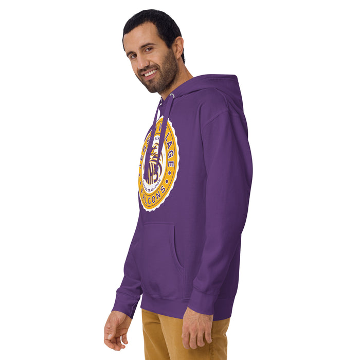 Man wearing Jersey Village High School Falcons Premium Purple Hoodie 216