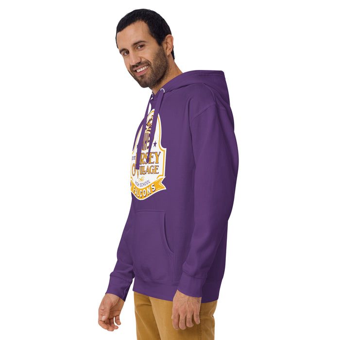 Man wearing Jersey Village High School Falcons Premium Purple Hoodie 219