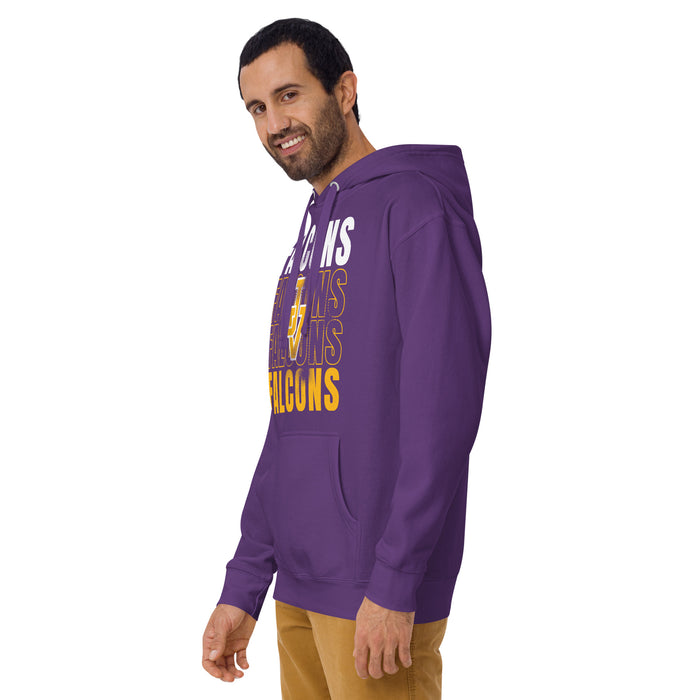 Close-up view of Jersey Village High School Falcons Premium Purple Hoodie 233