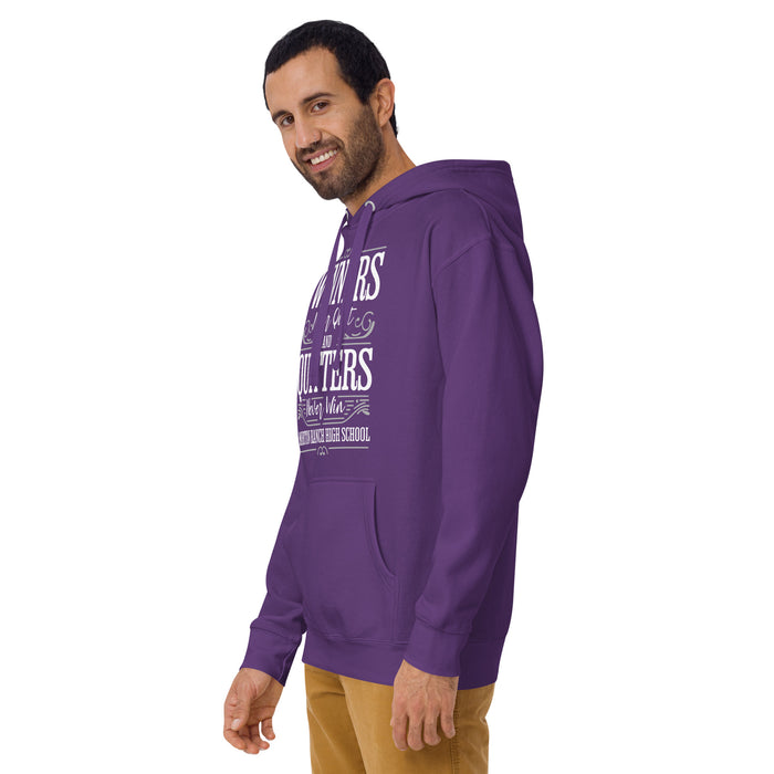 Man wearing Morton Ranch High School Mavericks Premium Purple Unisex Hoodie 237