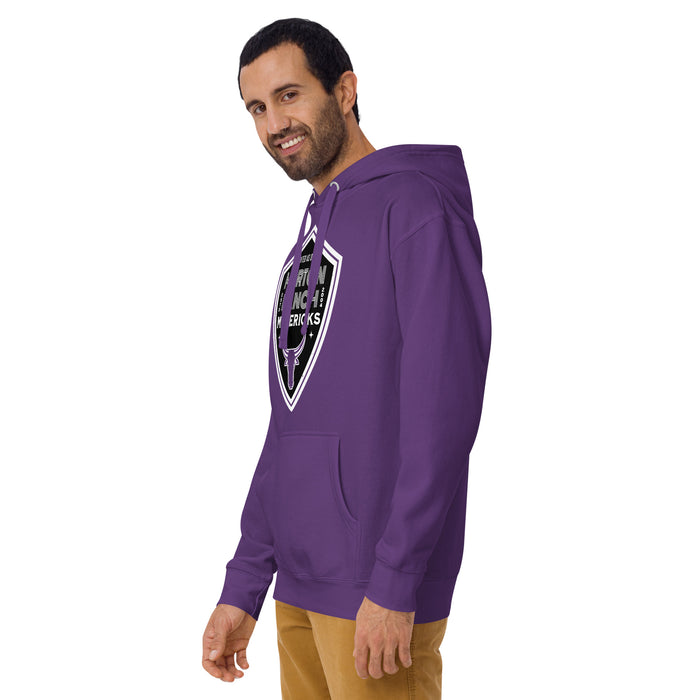 Man wearing Morton Ranch High School Mavericks Premium Purple Unisex Hoodie 225